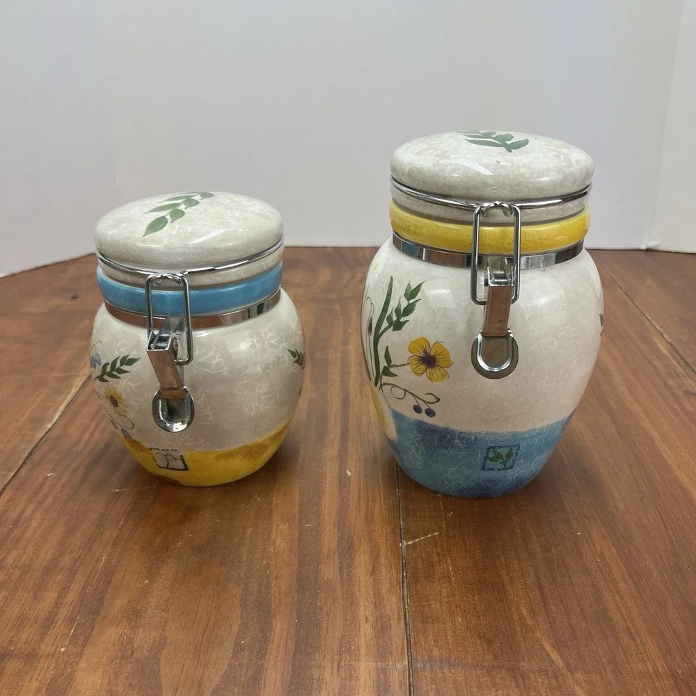 Oneida Sakura Casual Dining Floral Applique Ceramic Canister Jars Set of 2
